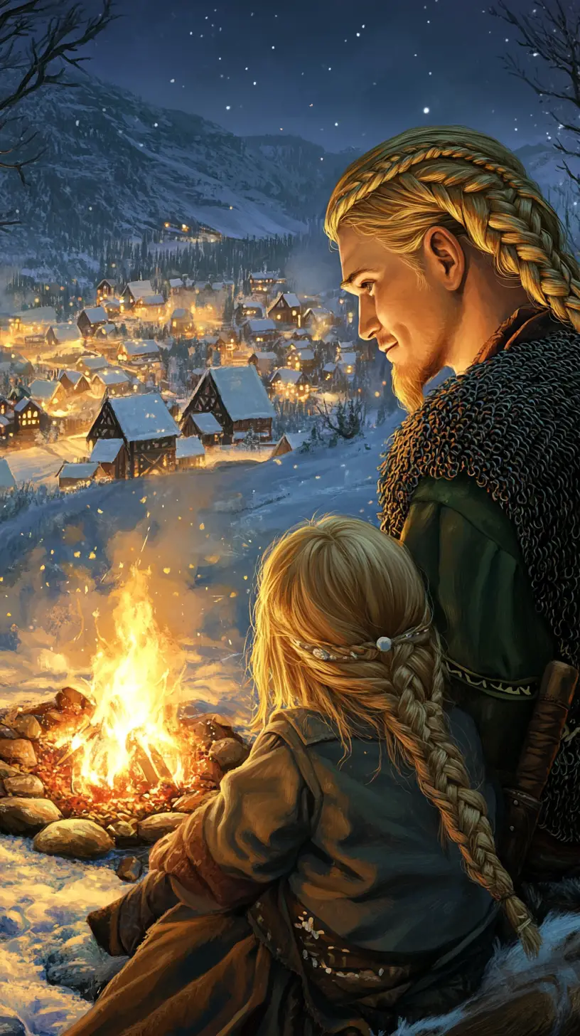 Viking father and daughter by a winter campfire