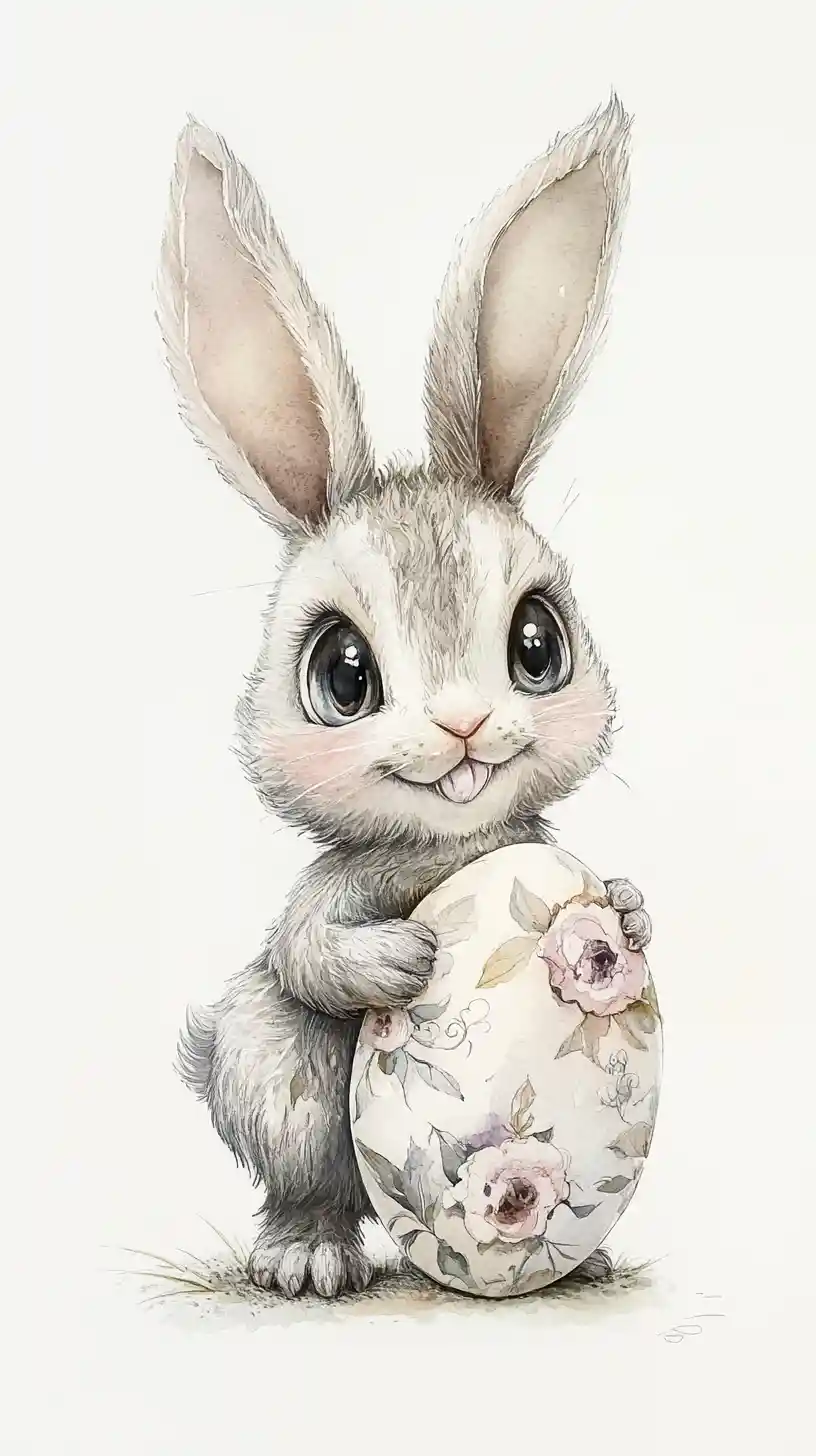 Dreamy watercolor rabbit with easter egg on white background