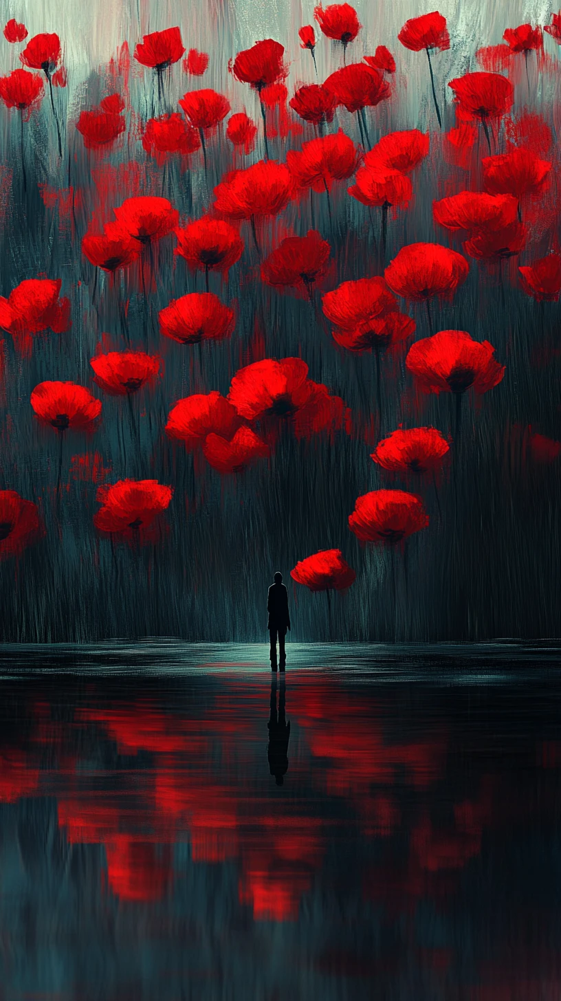 Solitary figure before towering red poppies over dark water