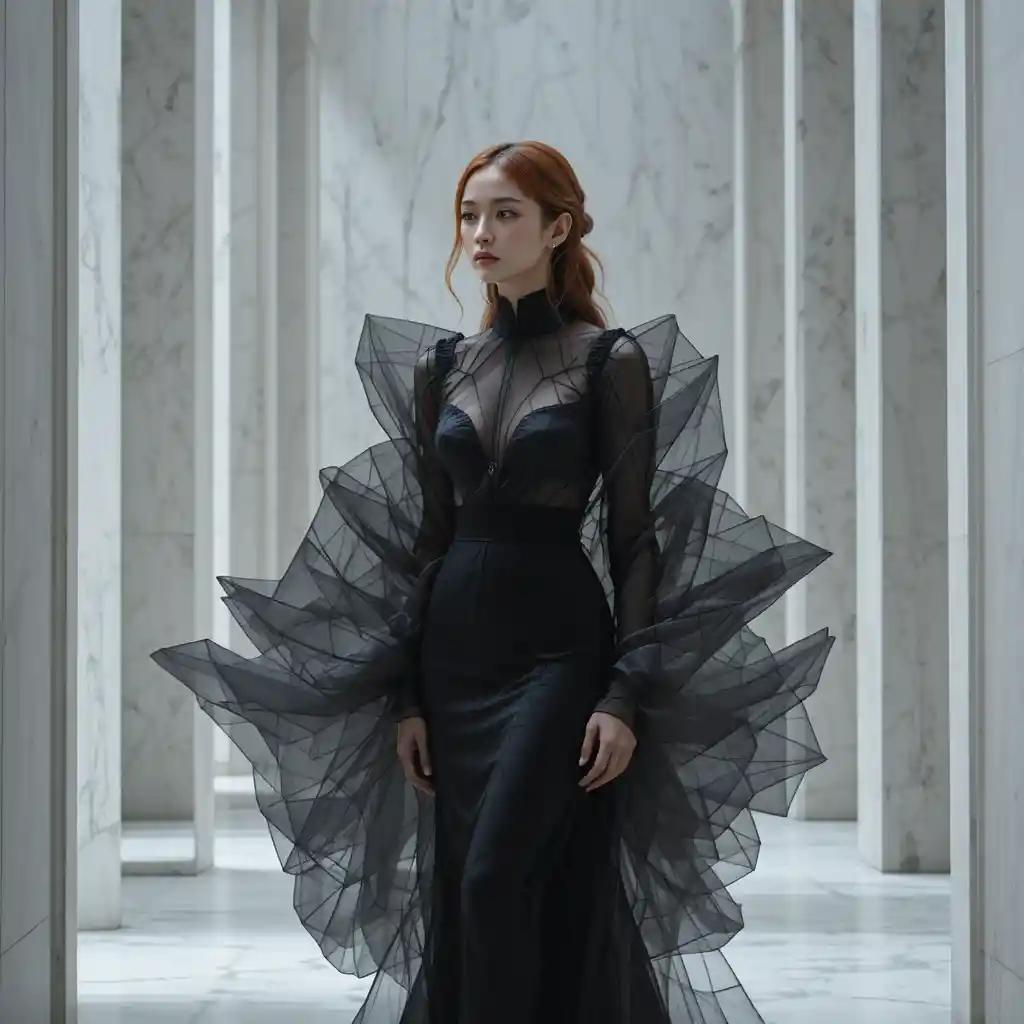Donna coreana in abito couture nero geometrico in sala di marmo