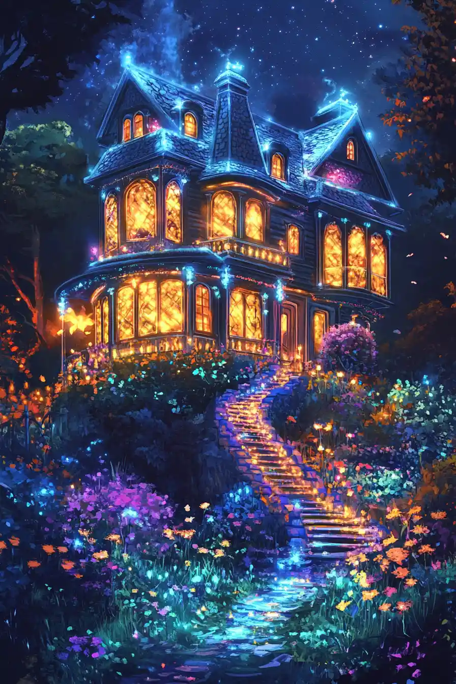 Iridescent Piano Shaped House With Neon Border Lights