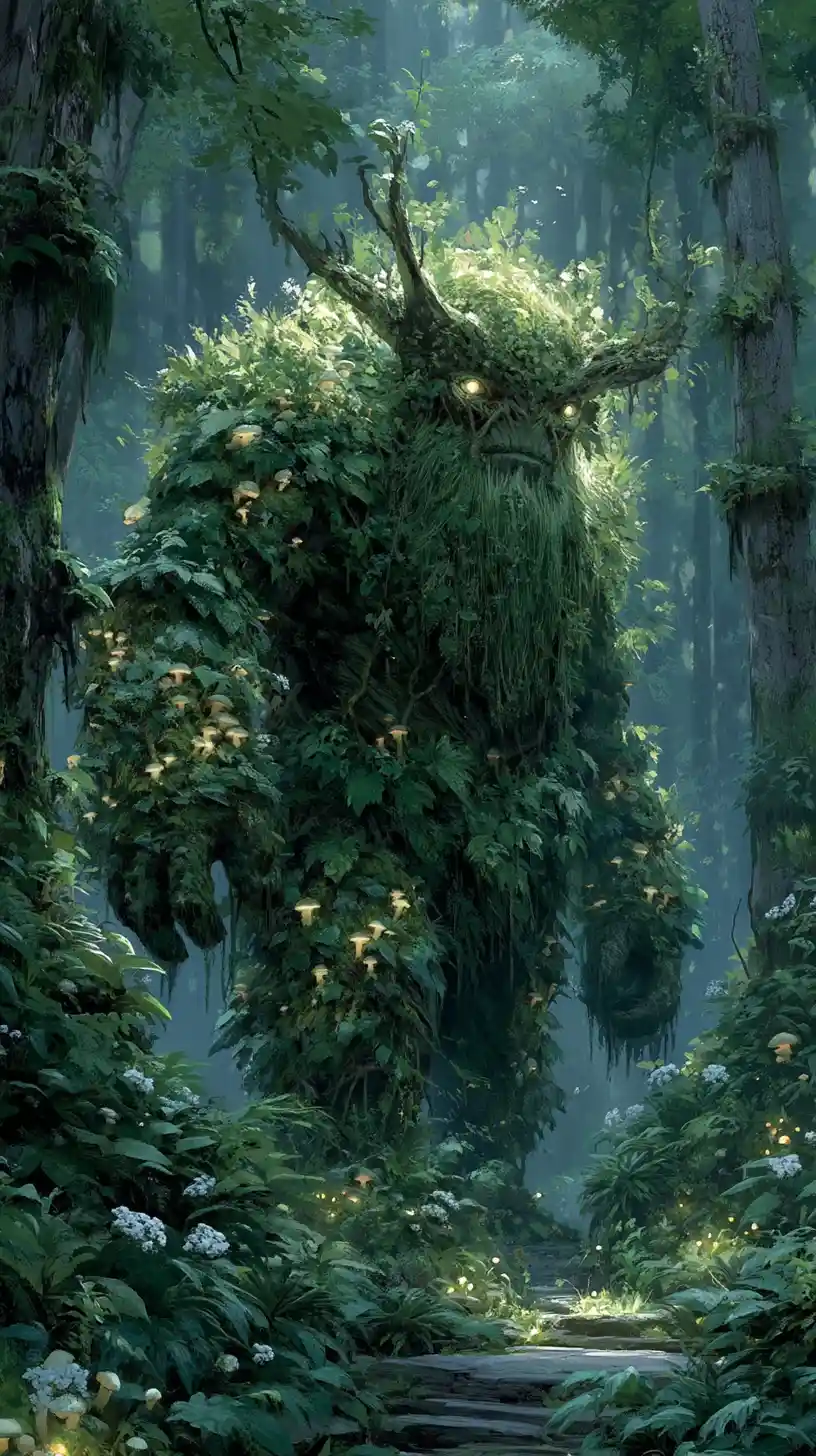 Gentle Moss Covered Forest Spirit Among Ancient Trees