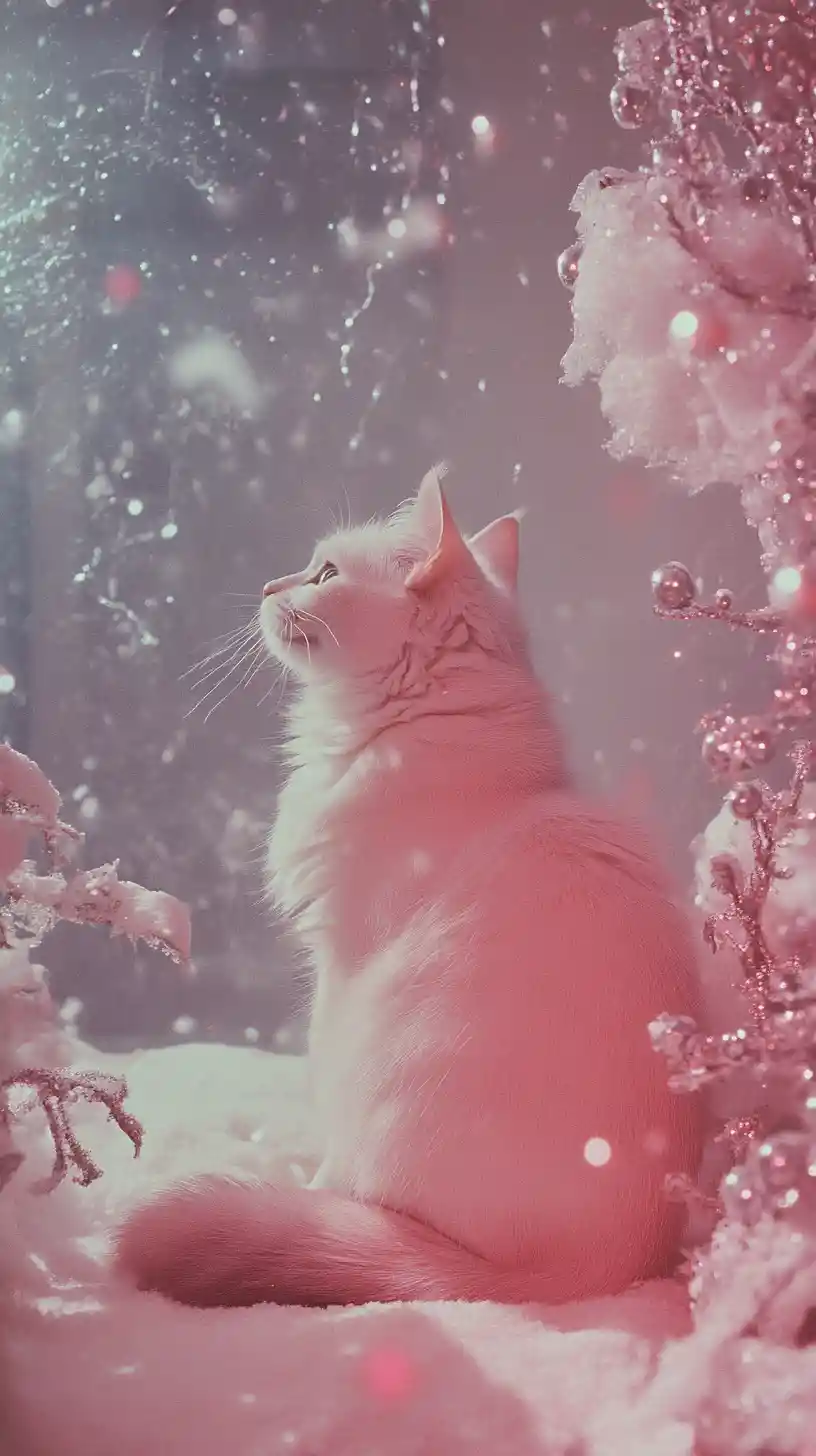 Surreal snow queen cat in dreamy pink glitter scene