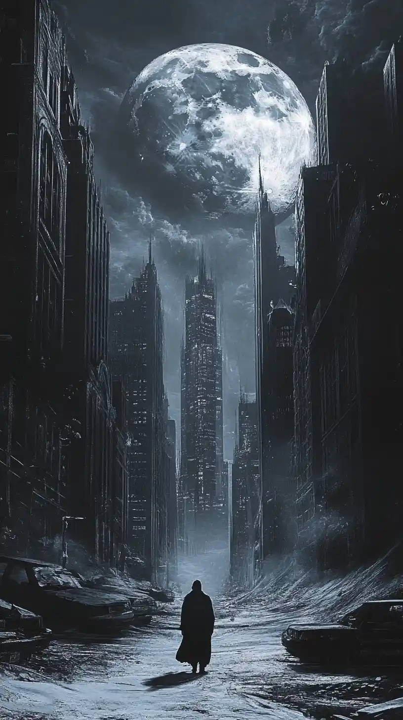 Paesaggio urbano surreale sotto una luna d’argento con figura solitaria