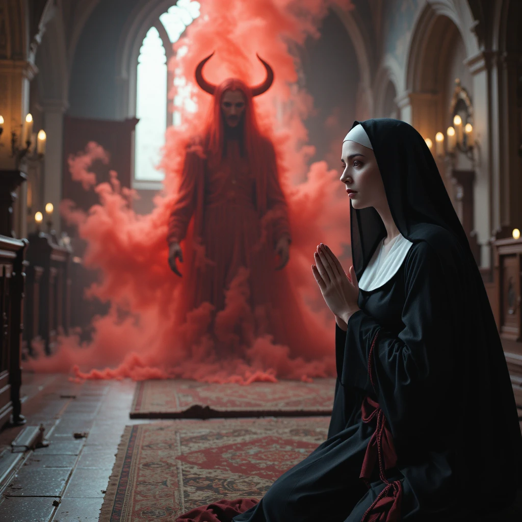 Monja arrodillada rezando ante una grieta demoníaca en la iglesia