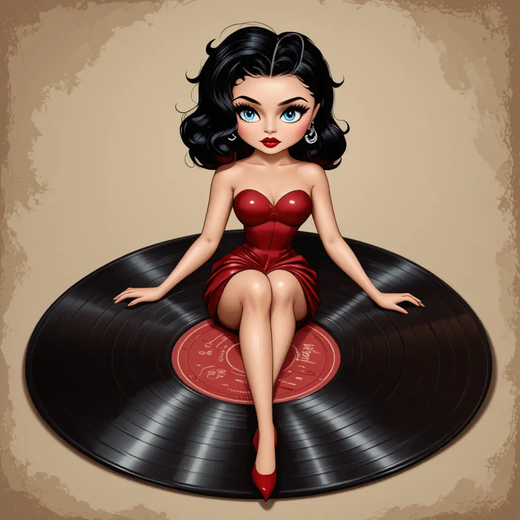 Cartoon woman relaxing on a vinyl record with beige background