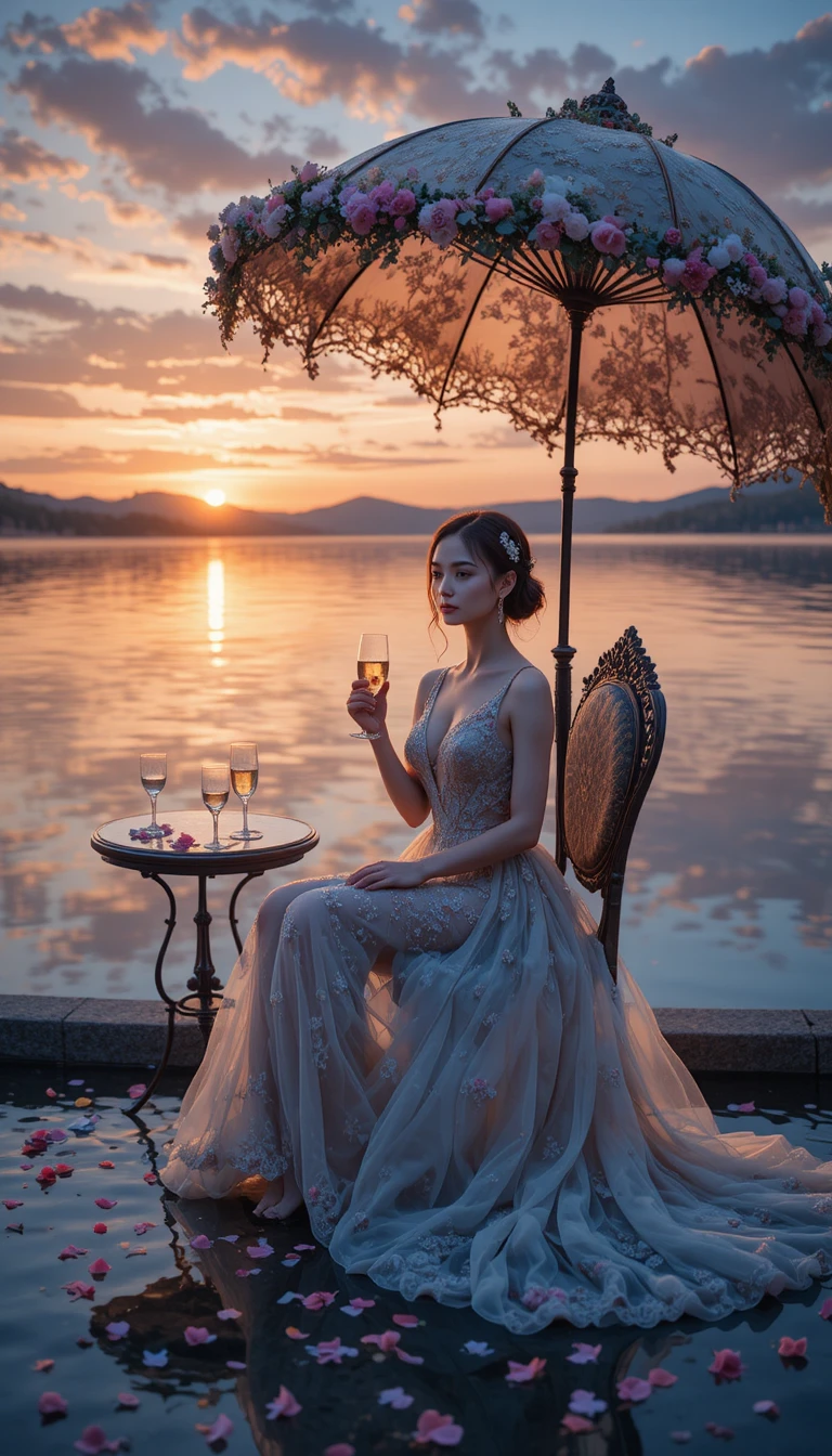 Elegant woman by reflective water at dreamy sunset