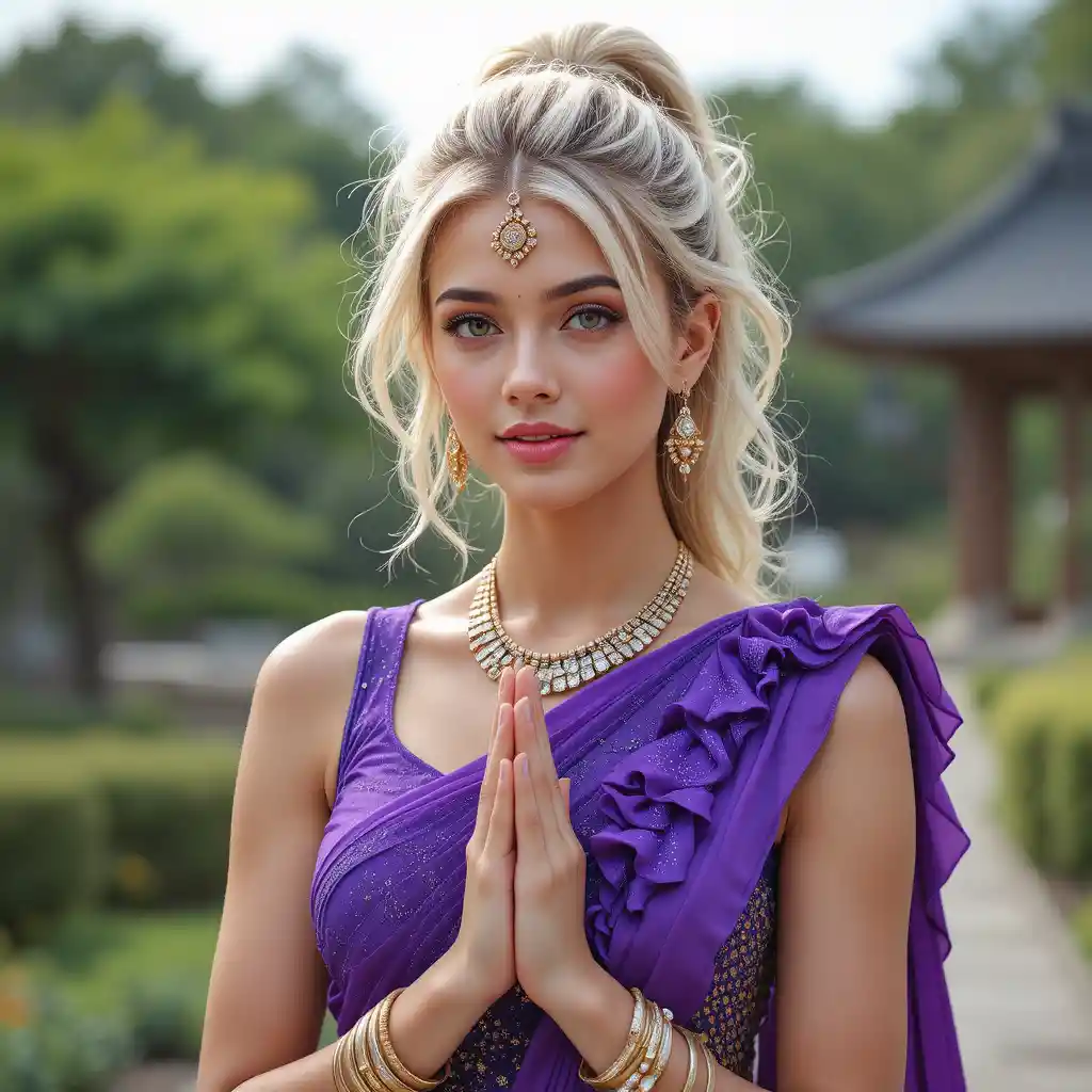 Jeune fille élégante en sari à volants dans un jardin zen