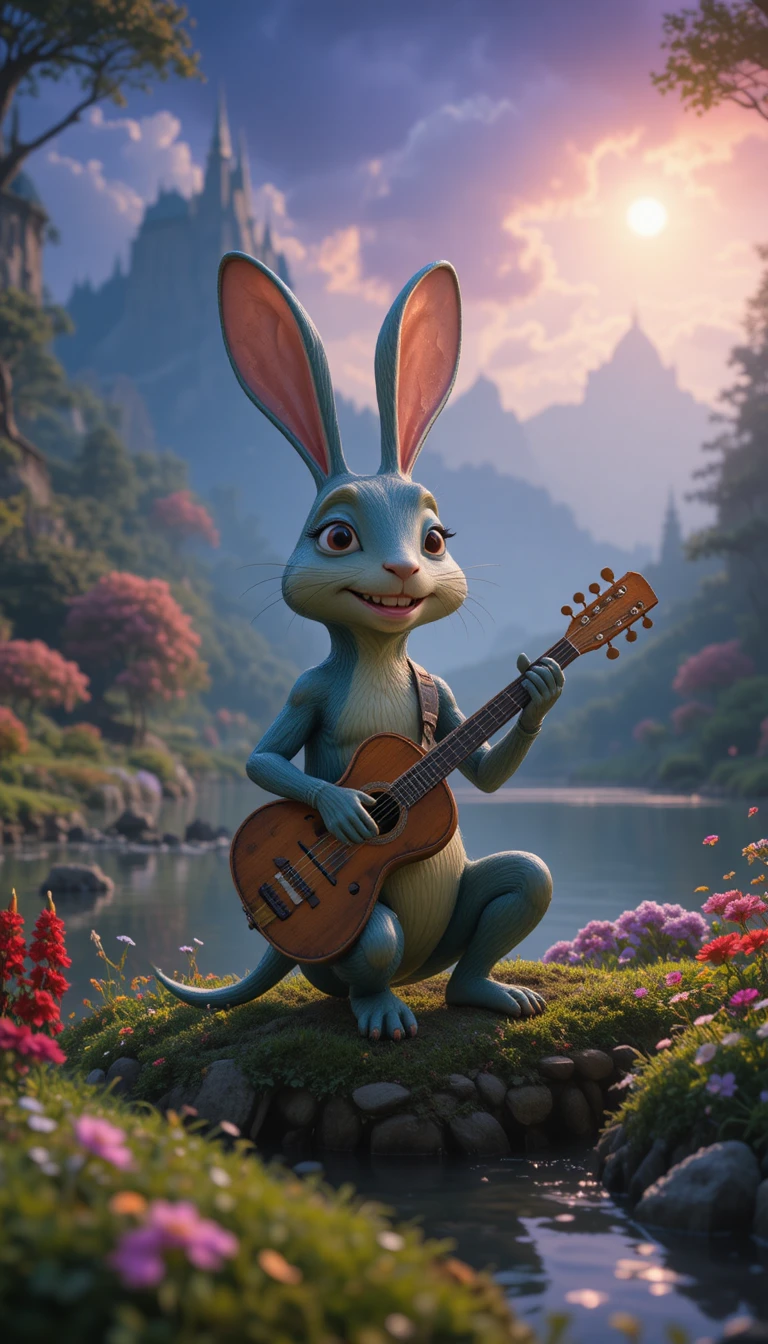 Whimsical woodlouse playing trumpet by a fantasy lake