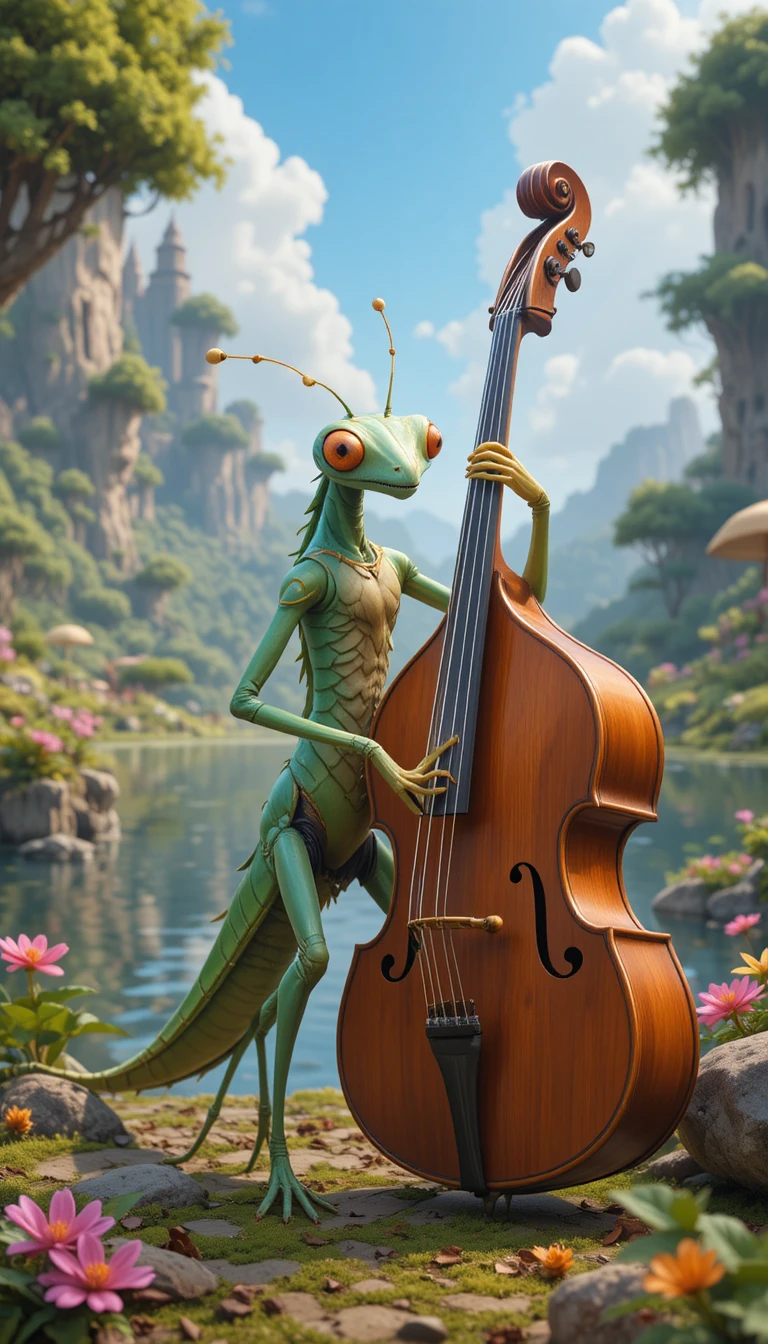 Praying mantis playing double bass by a fantasy lake