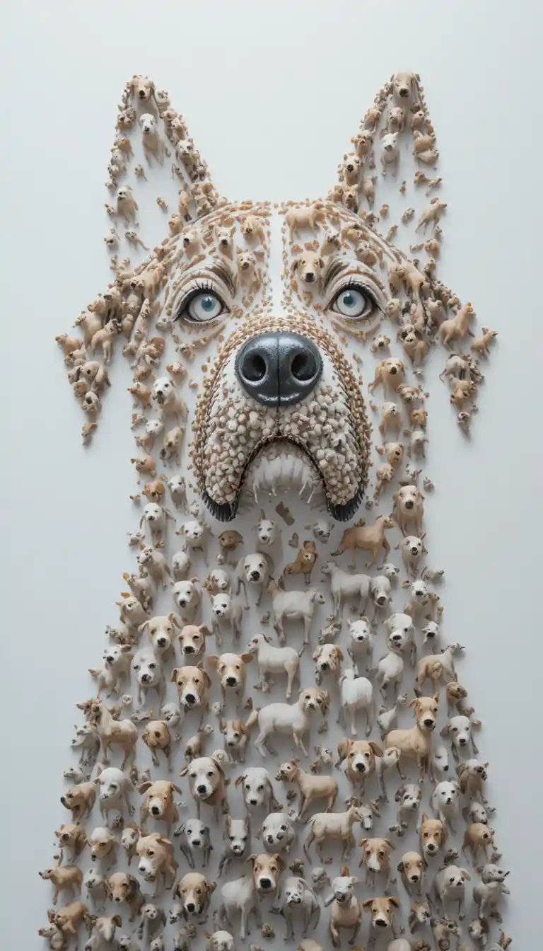 3D-Mikro-Hundecollage, die eine riesige Hundesilhouette bildet