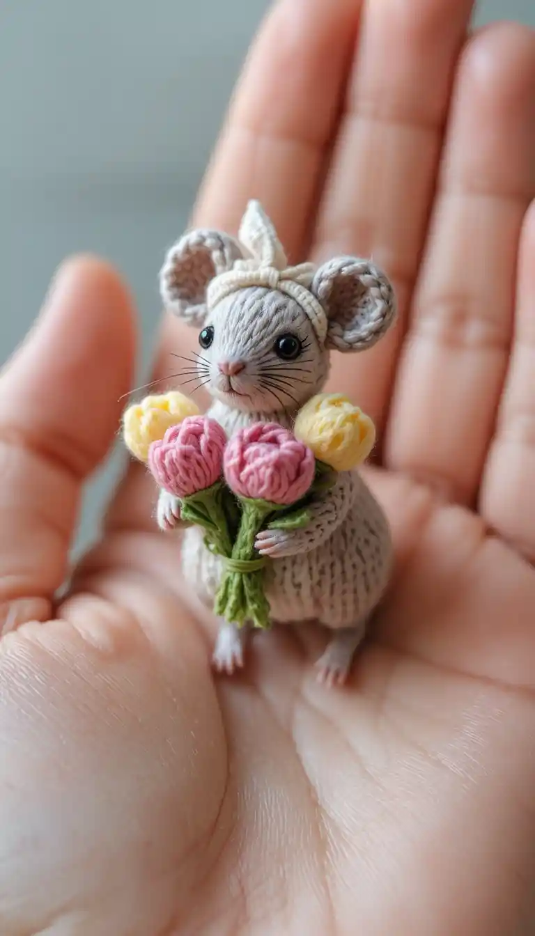 Adorable ratoncito tejido con tulipanes en un diminuto mundo sobre la palma de la mano