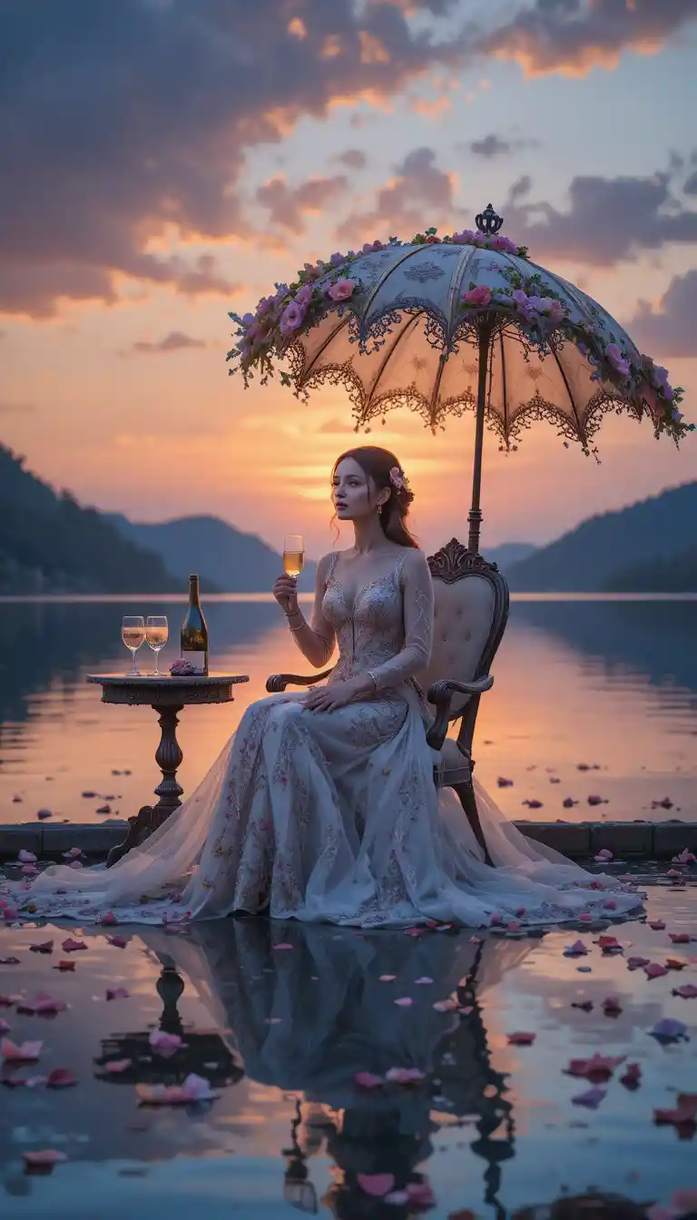 Elegant woman by sunset water with floral umbrella