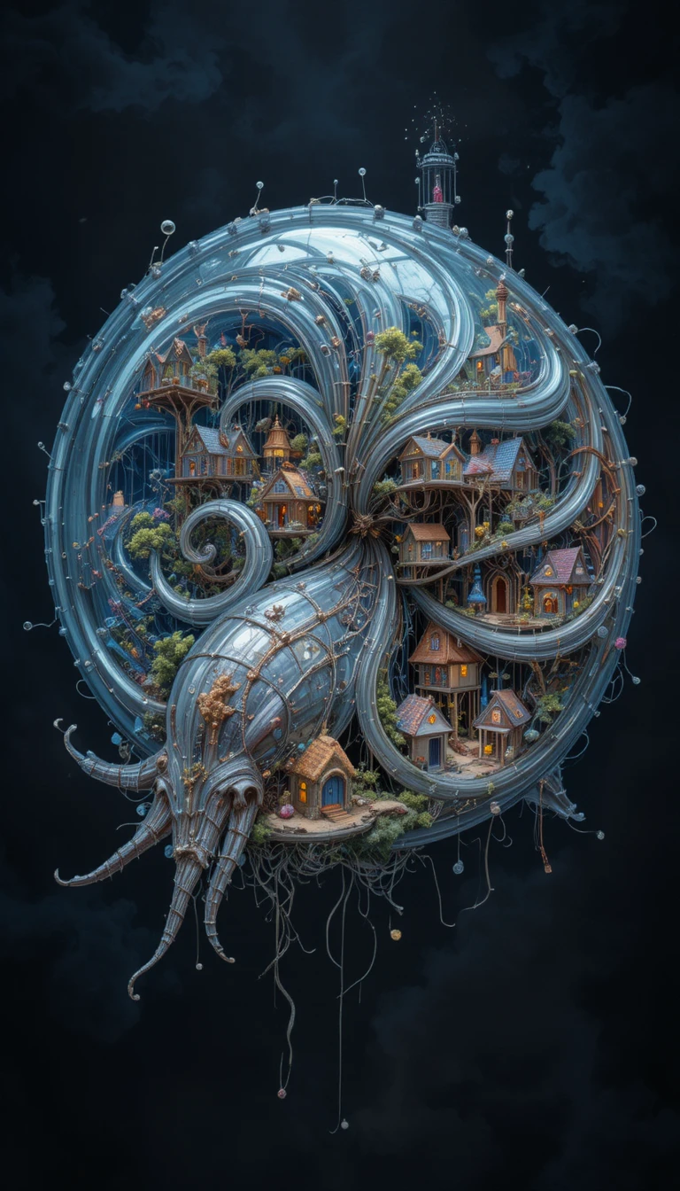 Mystical glass nautilus shell with tiny mechanical cottages