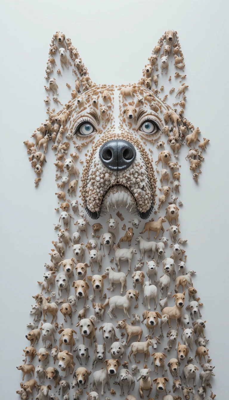 3D-Mikro-Hundecollage, die eine riesige Hundesilhouette bildet