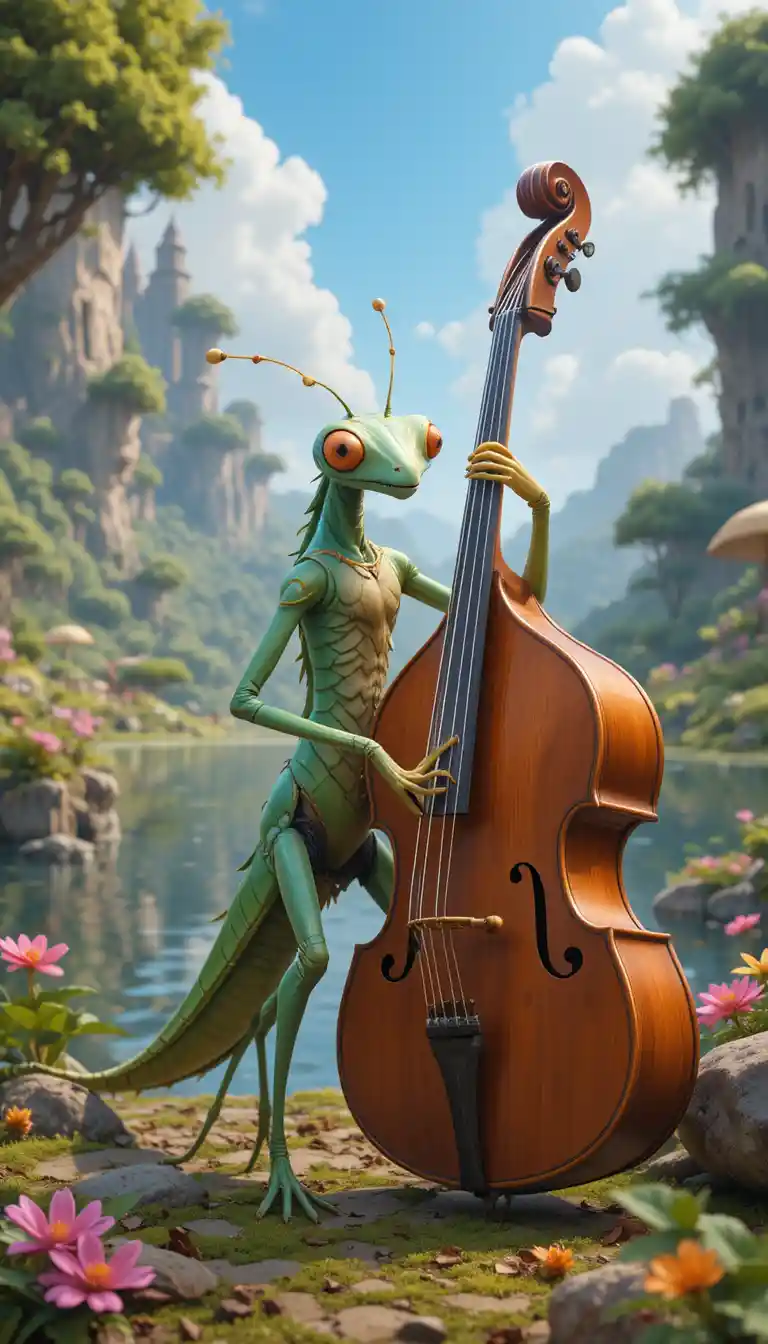 Praying mantis playing double bass by a fantasy lake
