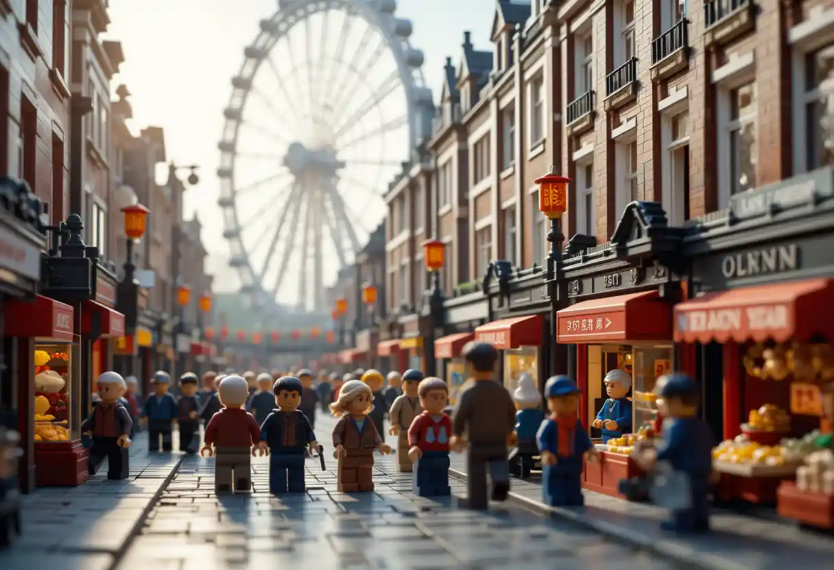 Morning lego london street market with festive lanterns