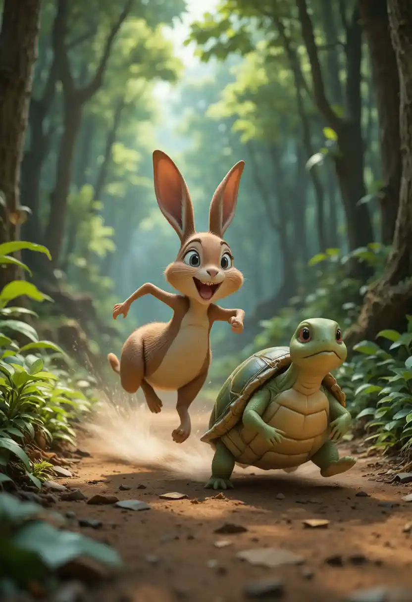 3D cartoon rabbit and turtle racing together through a forest