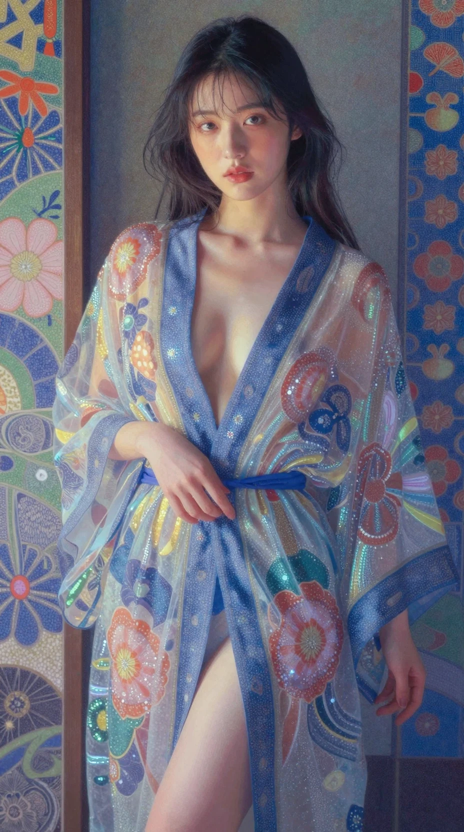 Japanese woman in sheer robe with pointillist detail