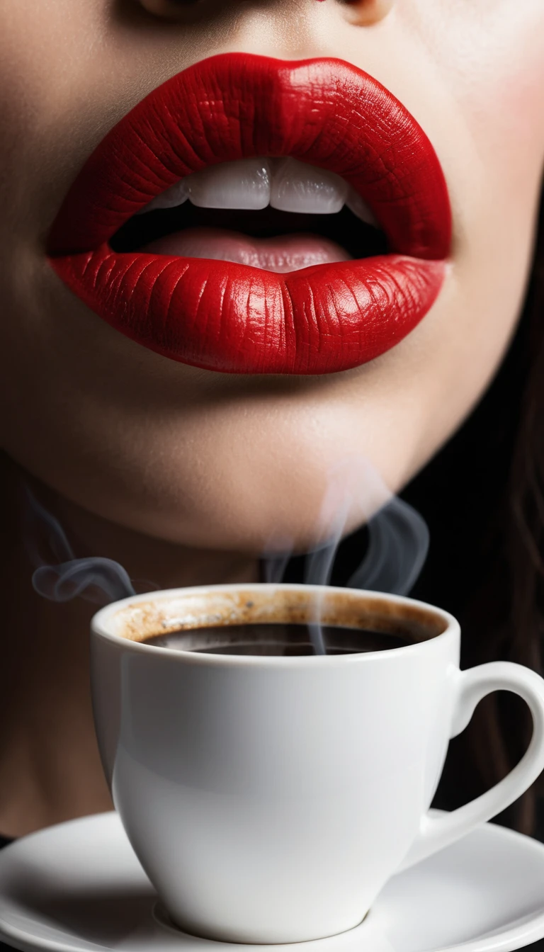 Taza de café negro humeante con marcas de lápiz labial en el borde