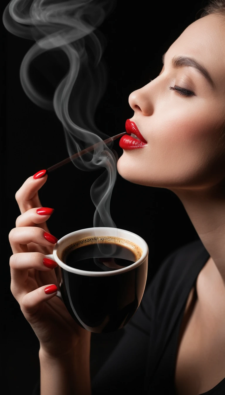 Taza de café negro medio vacía con marca de lápiz labial en el borde