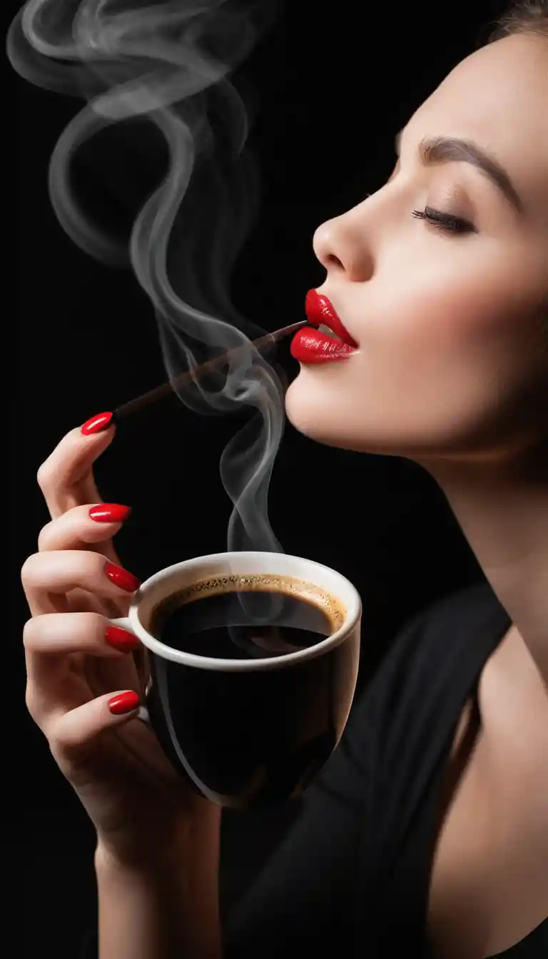 Taza de café negro medio vacía con marca de lápiz labial en el borde