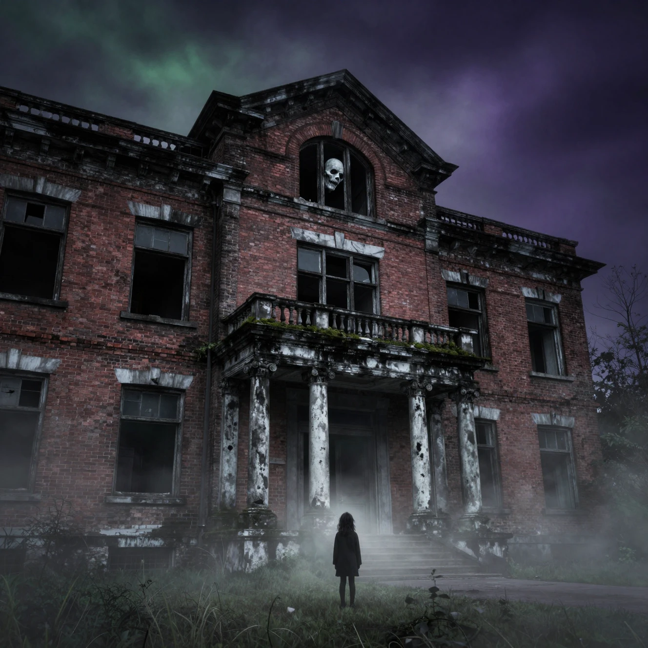 Abandoned Asylum In Fog With Ghostly Figure At Window