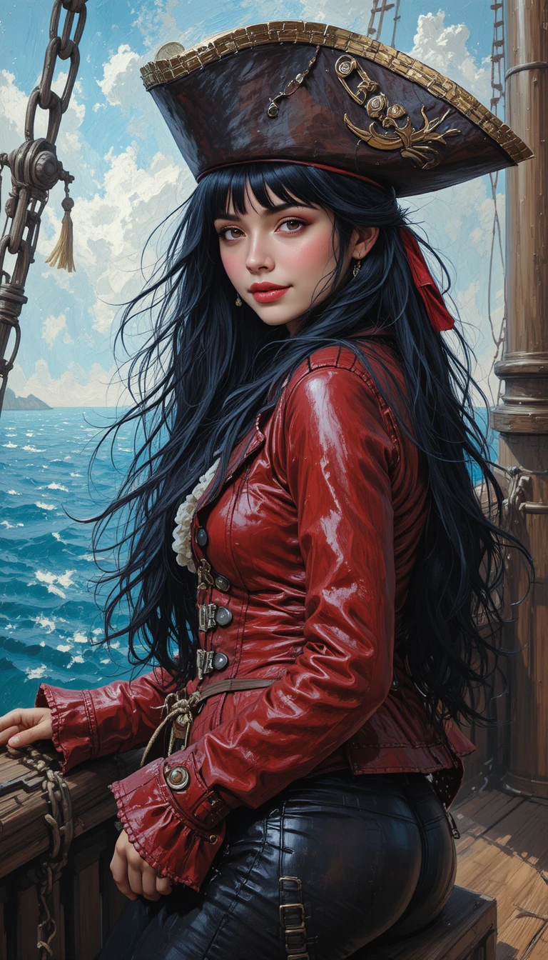 Elegant Female Pirate In Red Jacket On Ship Deck