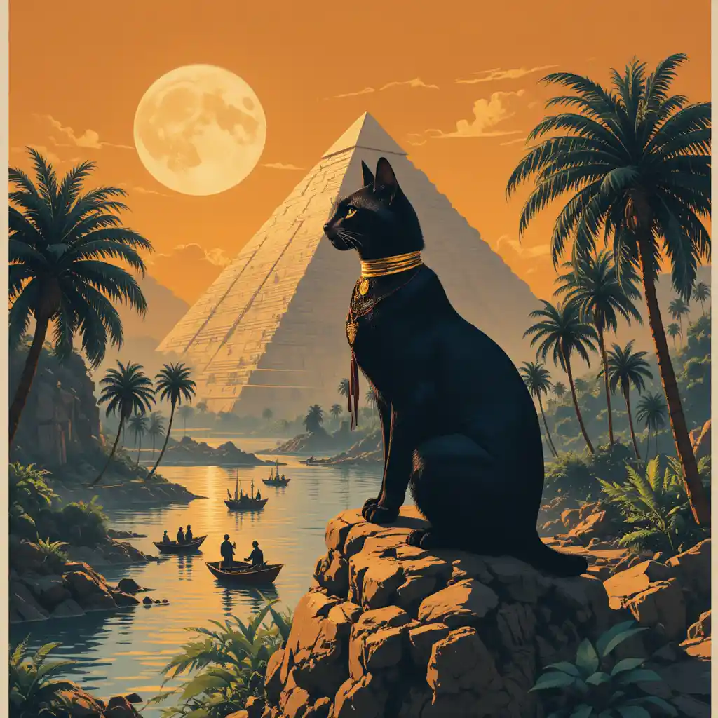 Majestic black cat above river with pyramid at sunset