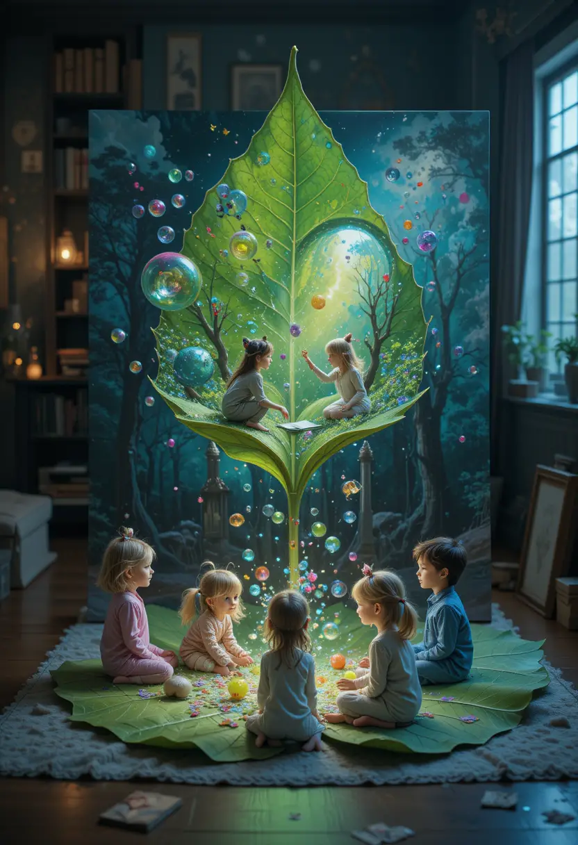 Mythical creatures playing with bubbles on a green leaf