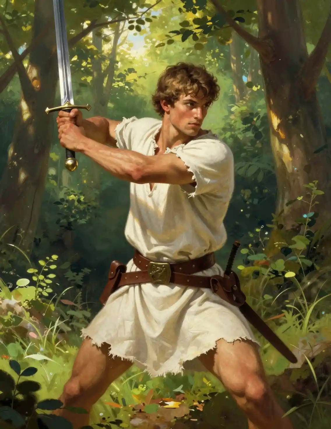 Young warrior drawing his sword in sunlit forest
