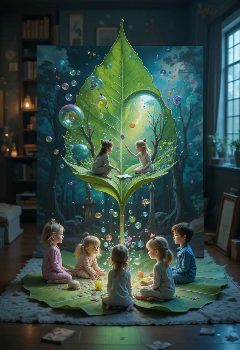 Mythical creatures playing with bubbles on a green leaf