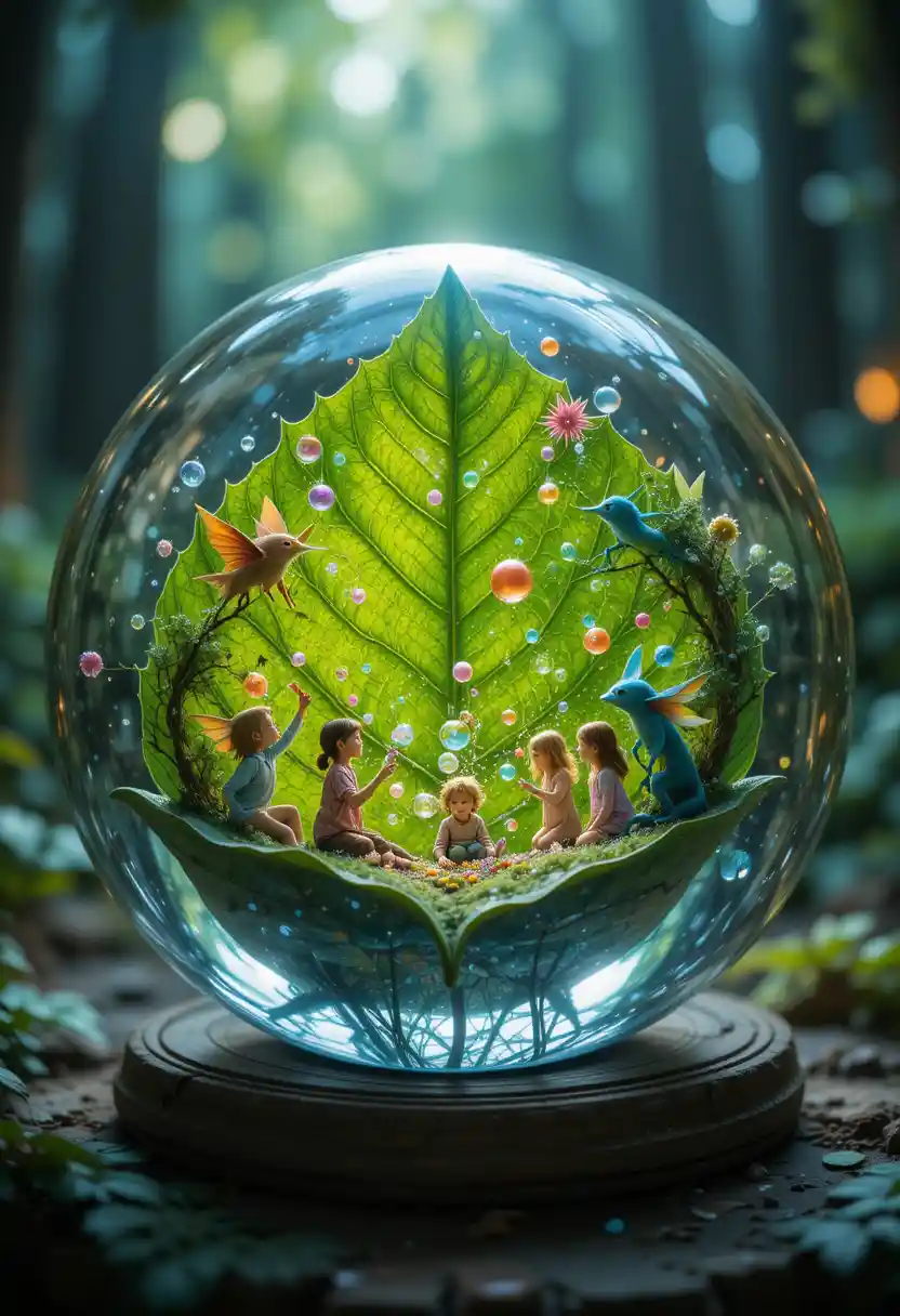 Mythical creatures playing with bubbles in a crystal sphere