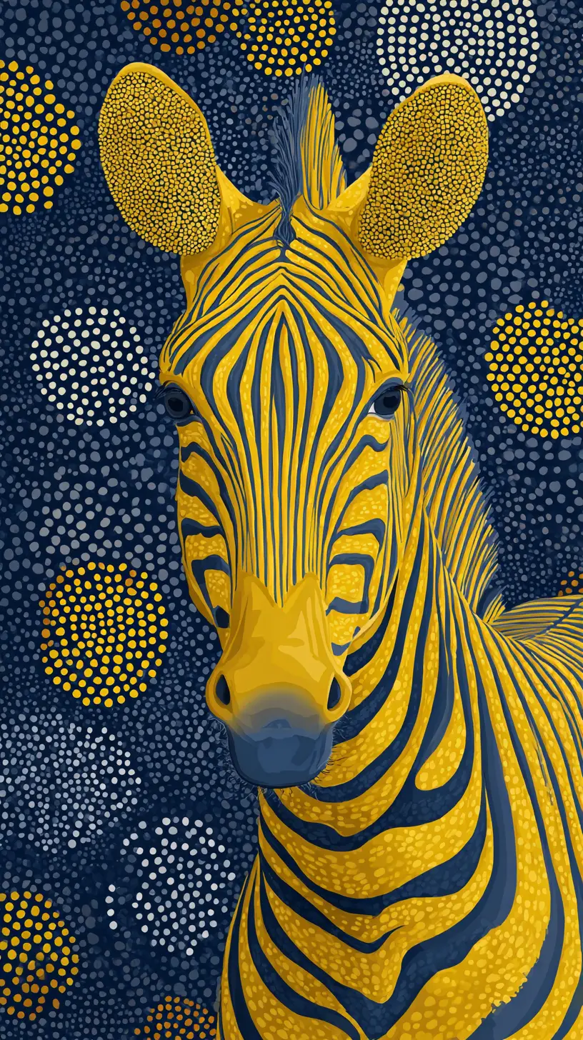 Stylized yellow zebra on dotted blue abstract background