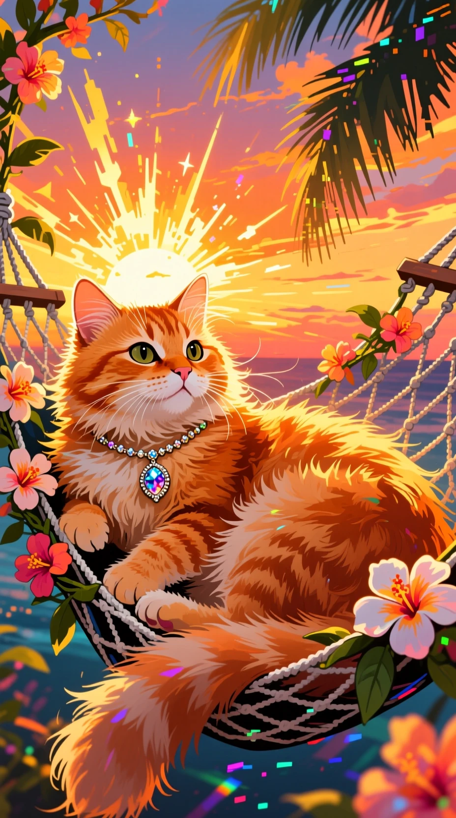 Fluffy Orange Cat On Flower Hammock At Tropical Sunset