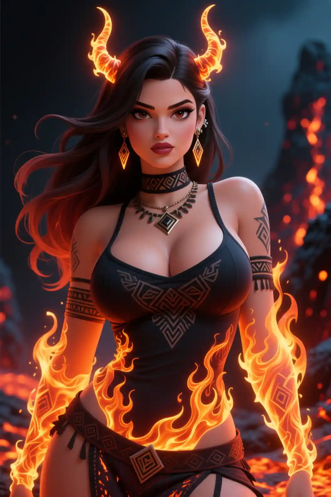Fiery anime woman with flames and tiny horn details