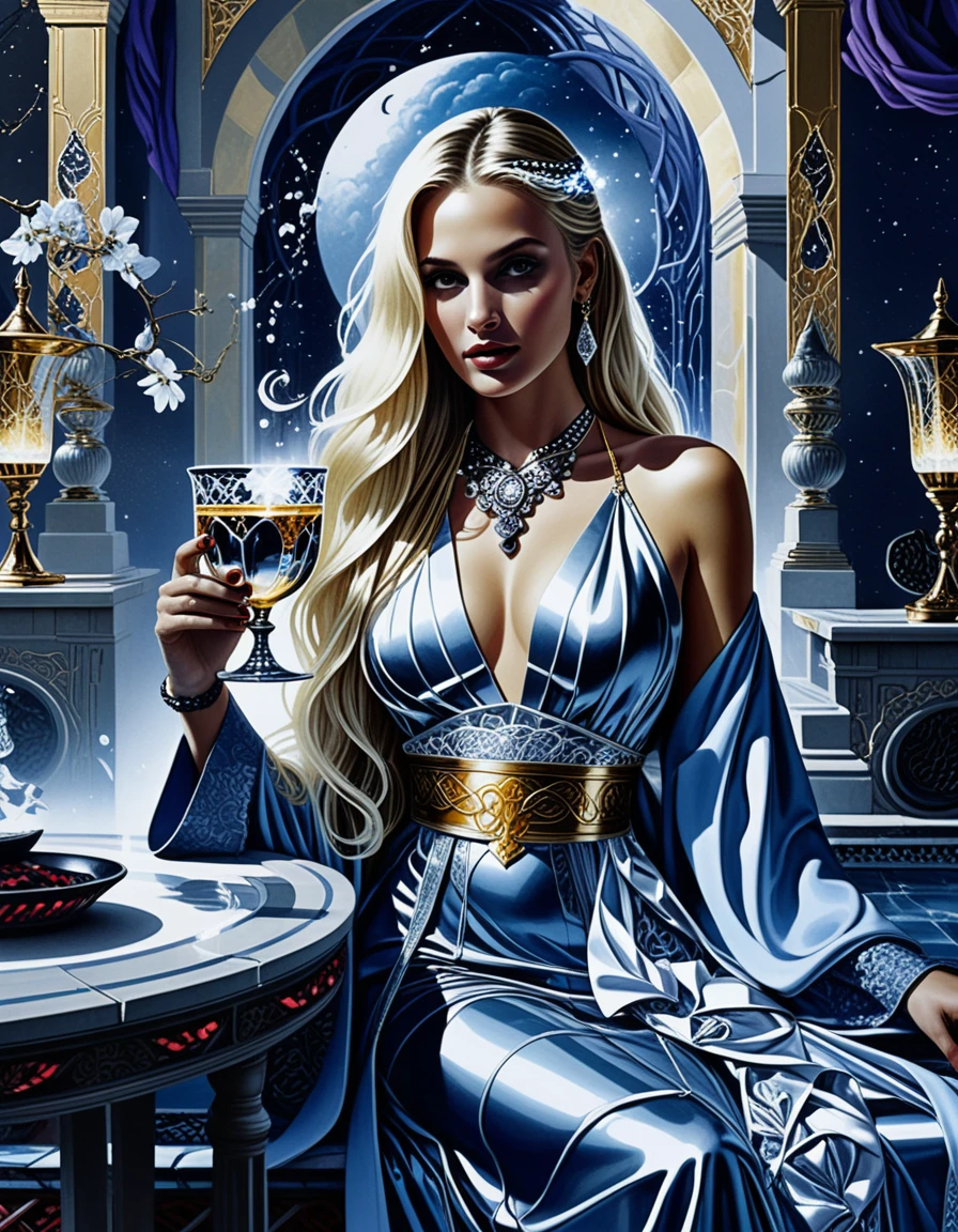 Enchanteresse à une table dorée dans une luxuriante cour royale