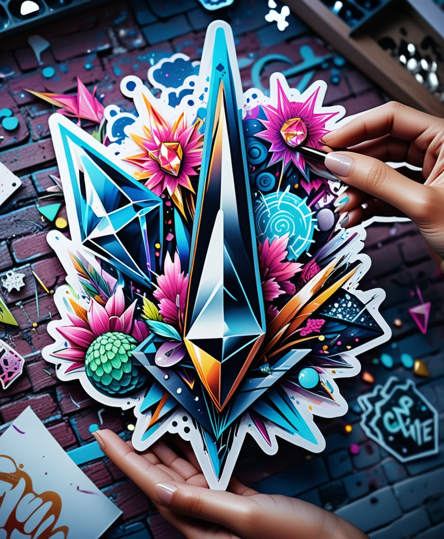 Colorful fantasy crystal sticker illustration on white background
