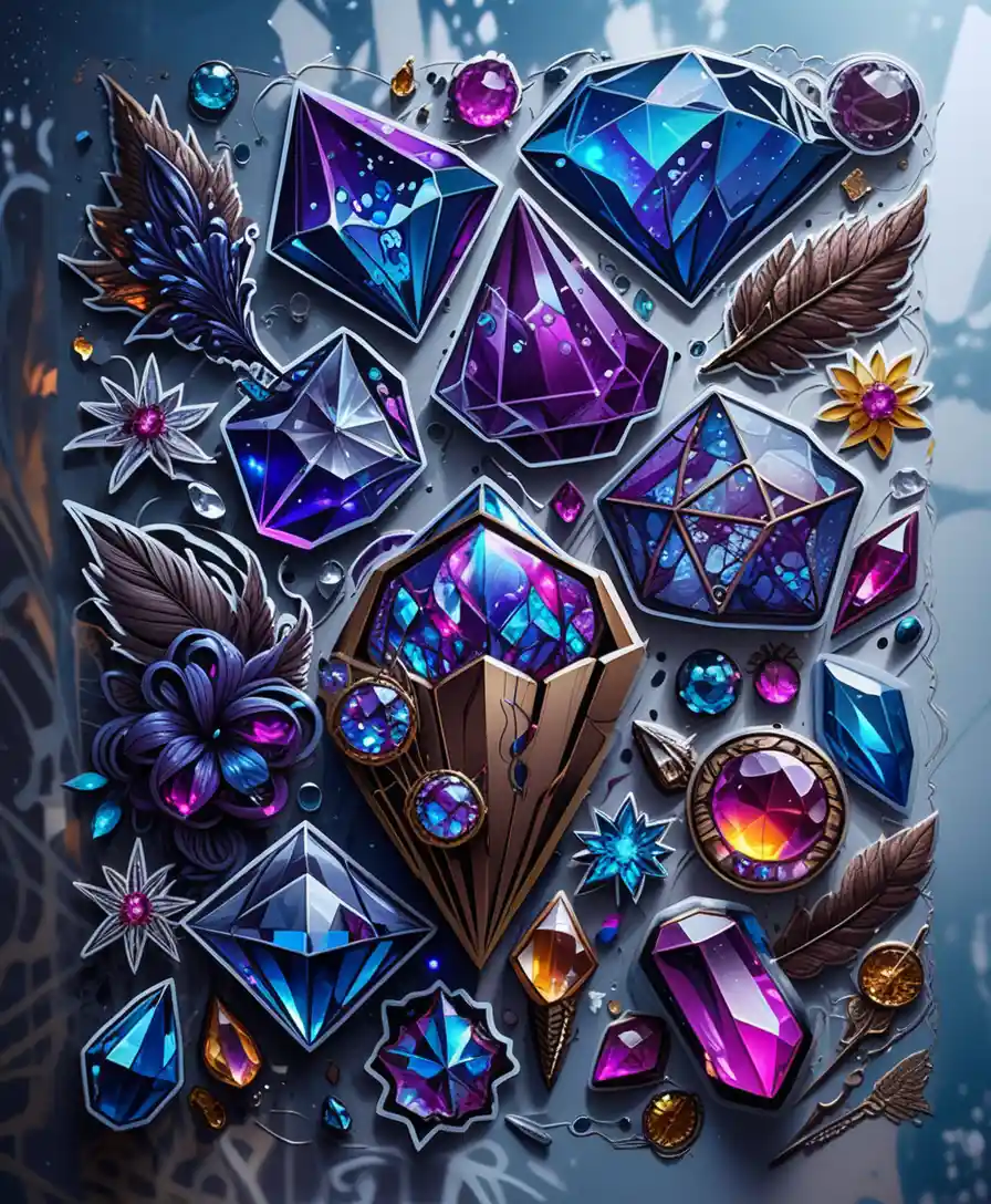Cartela de adesivos de cristais fantásticos coloridos com toques neon