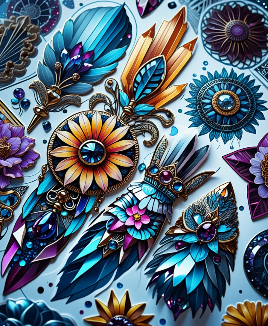Colorful crystal illustration on tattoo flash sticker sheet
