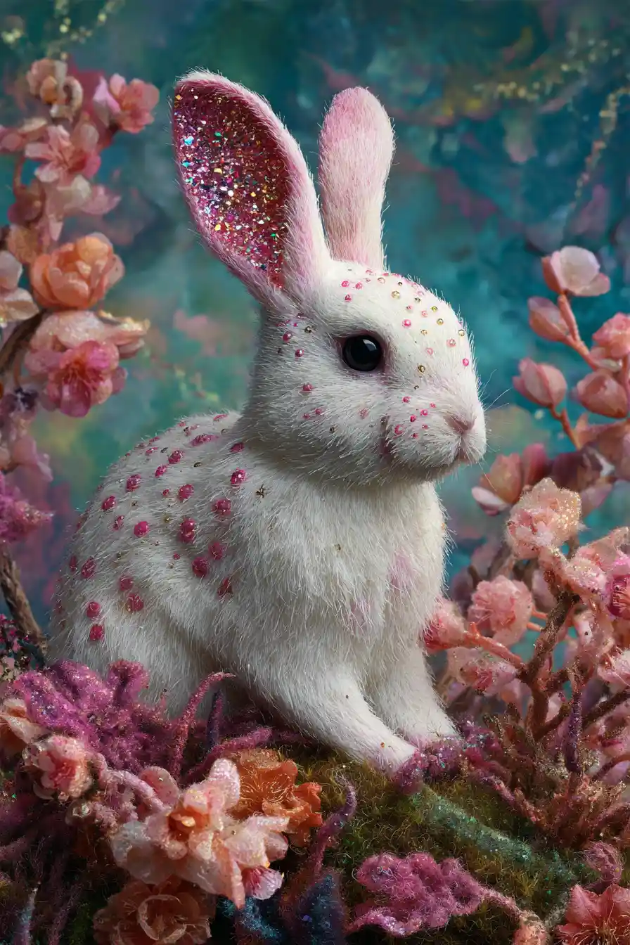 Cute rabbit on a blossoming meadow with shimmering details