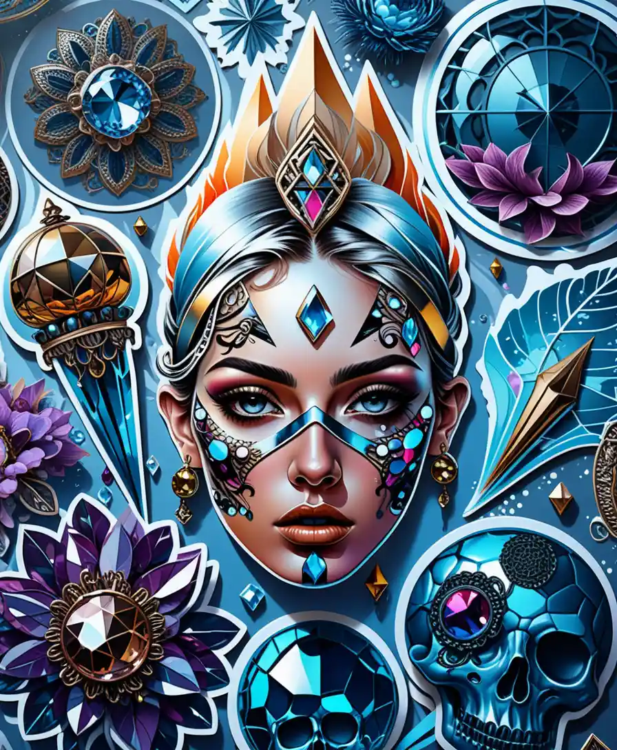 Foglio di sticker di cristalli colorati in audace illustrazione digitale