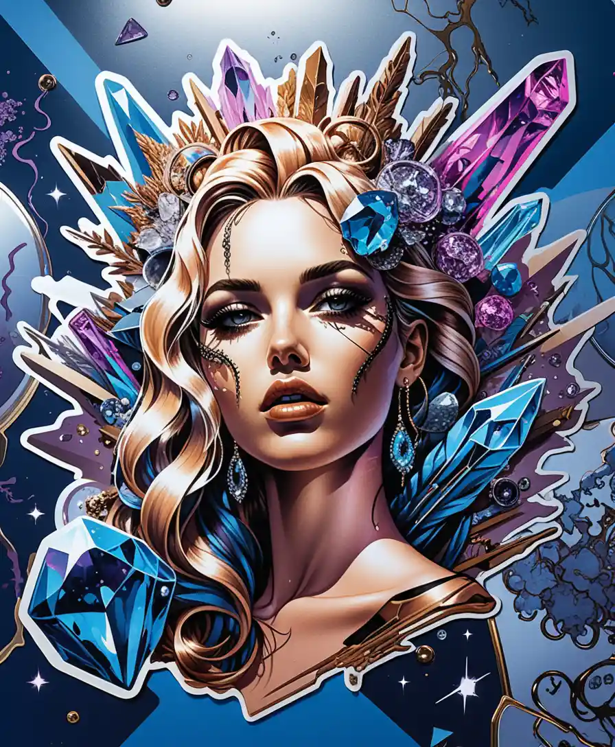 Foglio di adesivi con cristalli colorati e illustrazione fantasy al neon