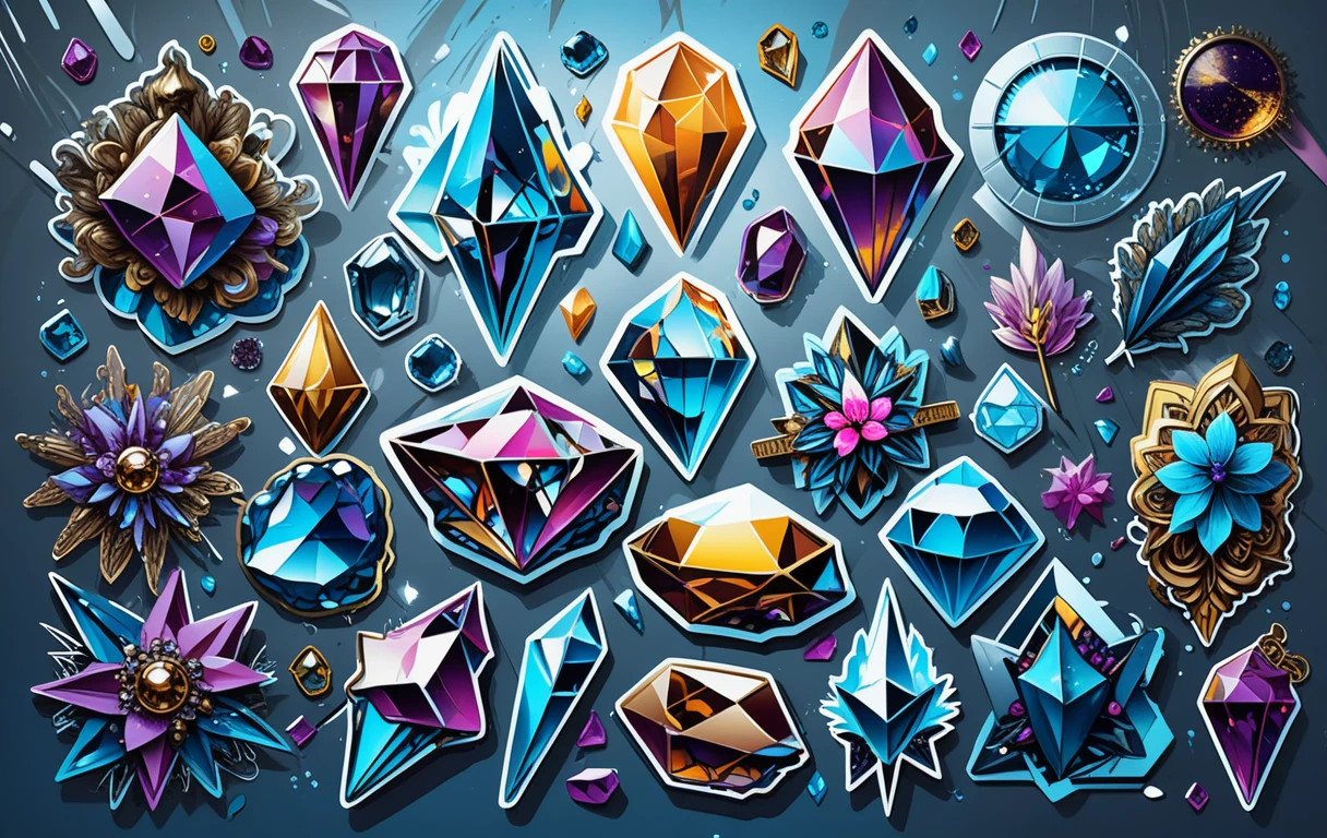 Colorful fantasy crystal sticker illustration on white background