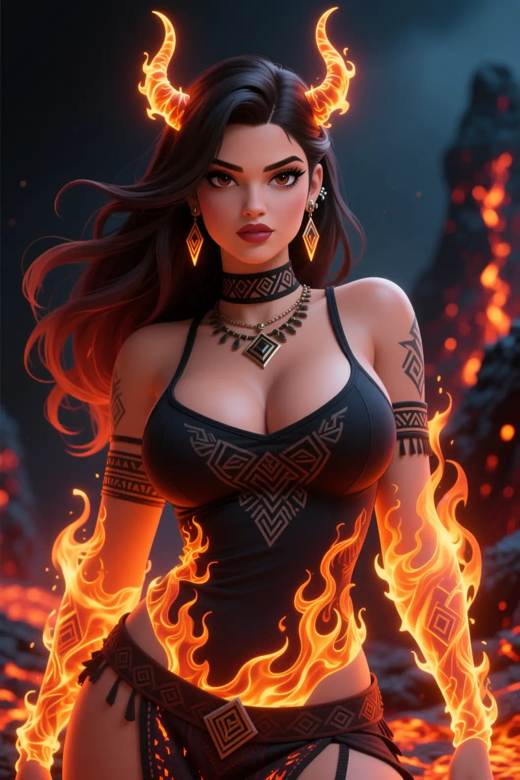 Fiery anime woman with flames and tiny horn details