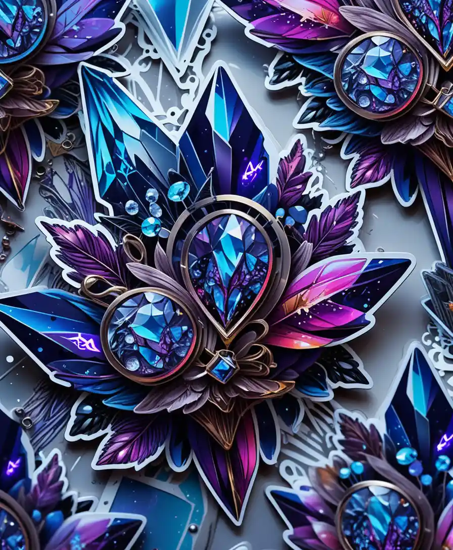 Colorful crystal sticker sheet with neon fantasy glow