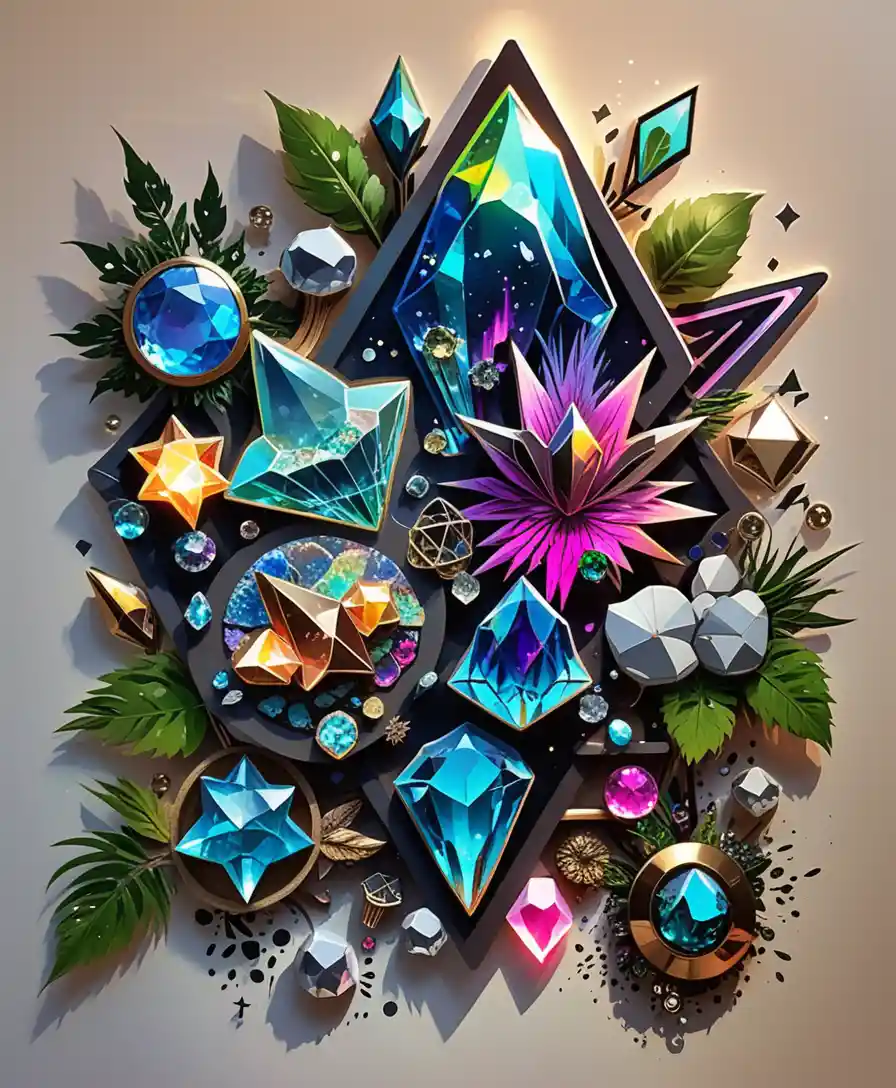 Foglio di adesivi con cristalli disegnati a mano e accenti fantasy al neon