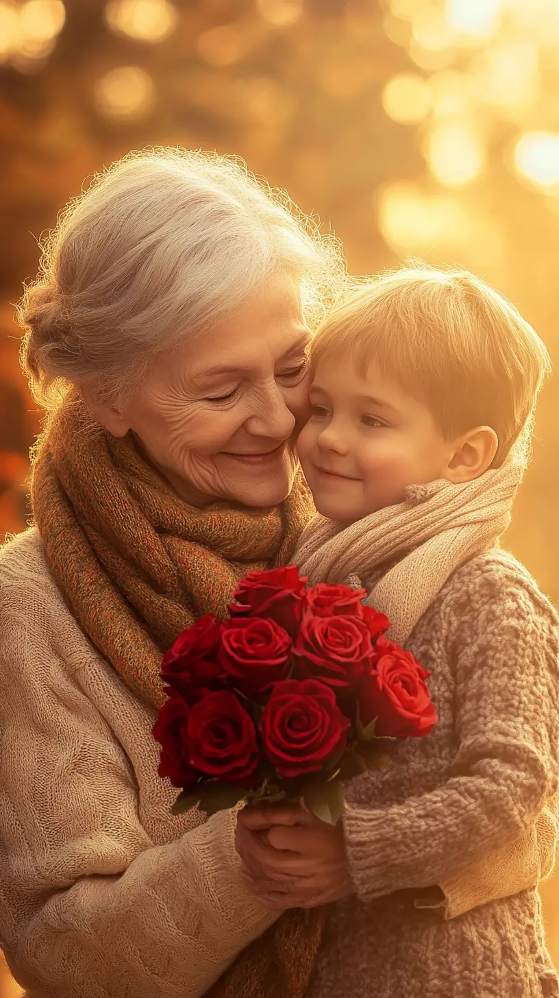 Elderly woman hugging child at golden sunset