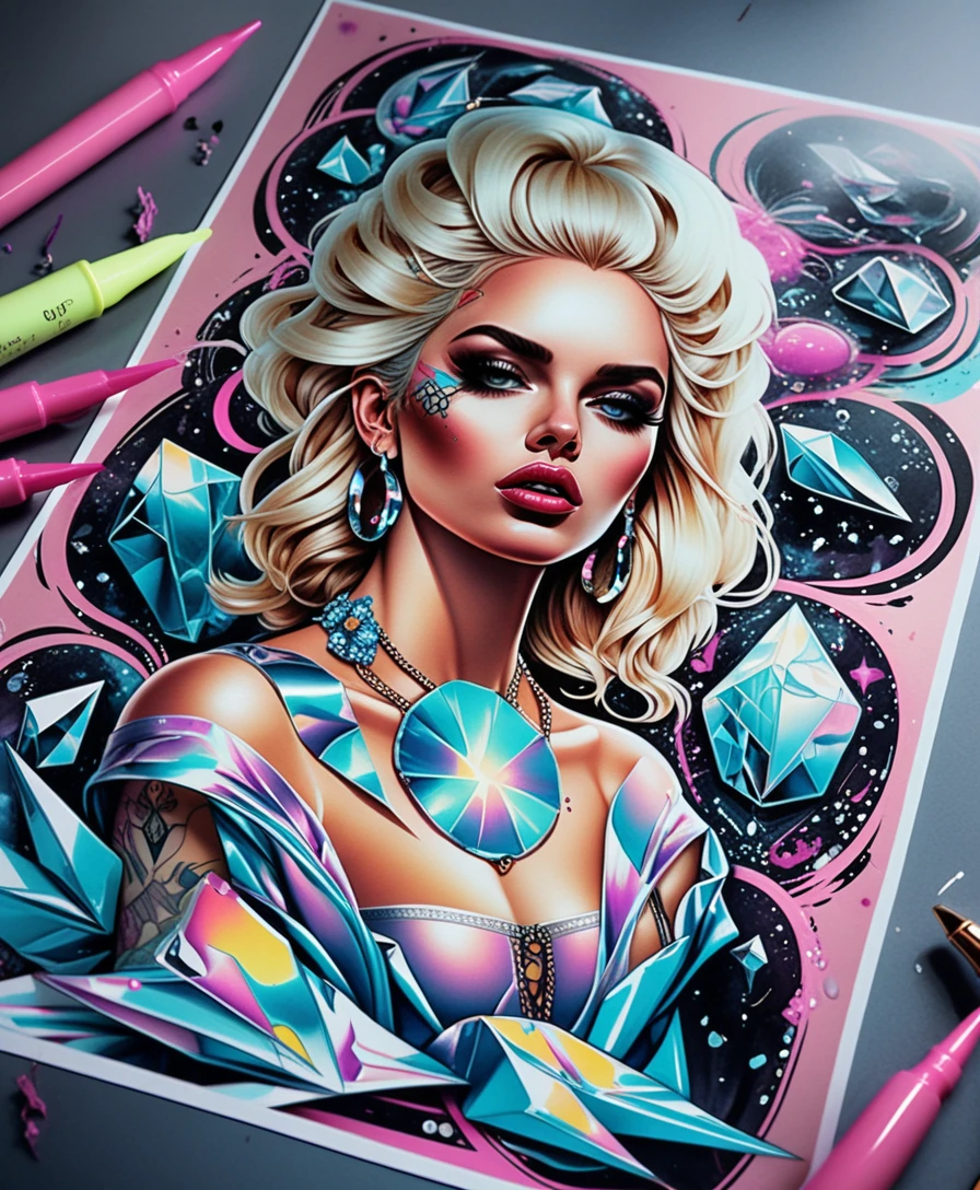 Illustrazione di grappolo di cristalli colorati su flash sheet bianco