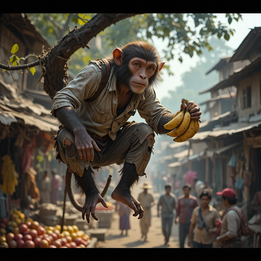 Mischievous monkey sneaks above a busy Indian village market